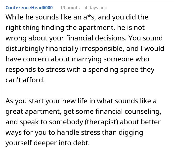 Comment advising financial responsibility and counseling after boyfriend gives girlfriend time to fix finances before marriage.