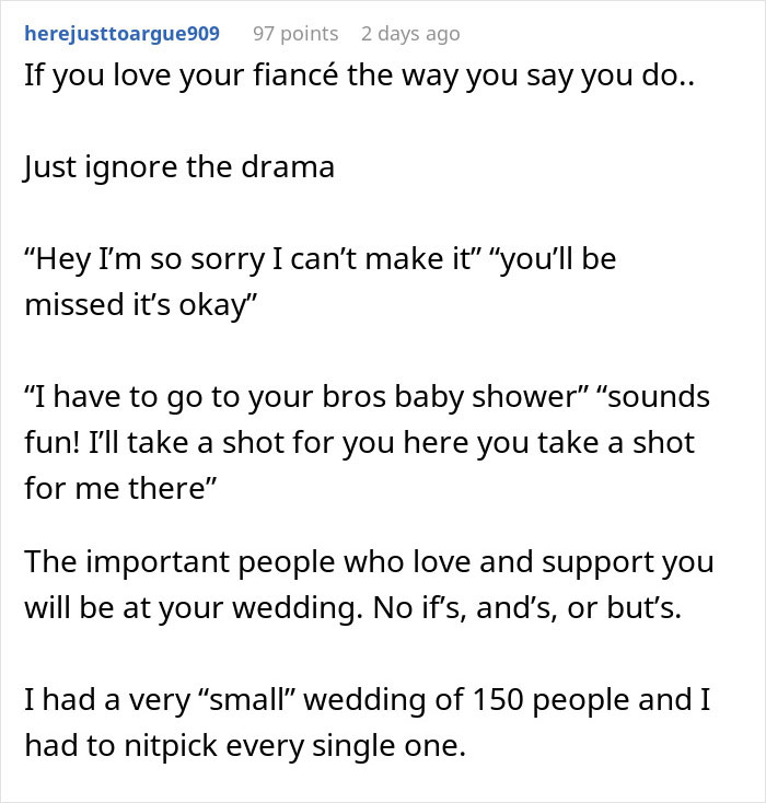 Text post discussing groom&rsquo;s brother bringing drama to the wedding day and hosting a baby shower simultaneously.