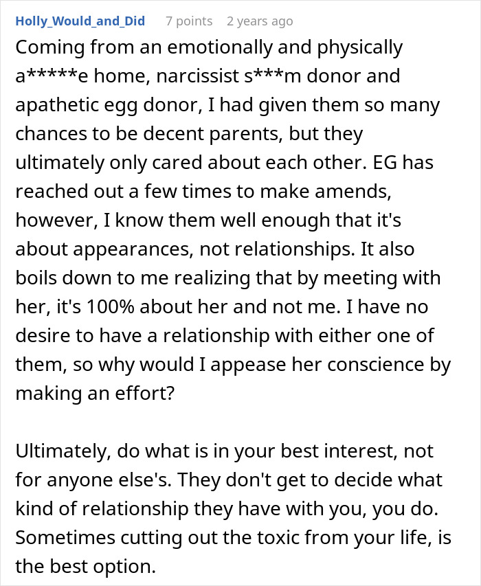 Comment discussing a woman wanting to reconcile with son she kicked out, revealing reasons behind her change.