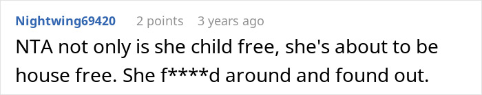 Screenshot of a forum comment discussing a woman who is child-free and refuses to house her sister any longer.