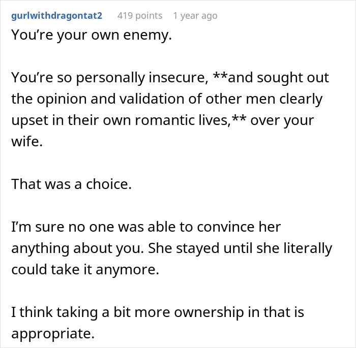 Commentary on male relatives and friends causing marriage issues to pursue the ex-wife, leading to being cut off.