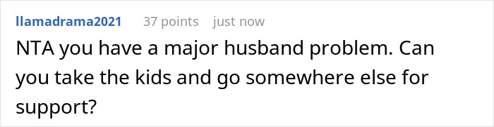Comment text on a social media post discussing a major husband problem and seeking support with kids.
