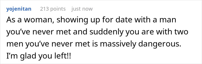 Screenshot of an online comment discussing a nervous guy bringing his bestie to chaperone his first date.