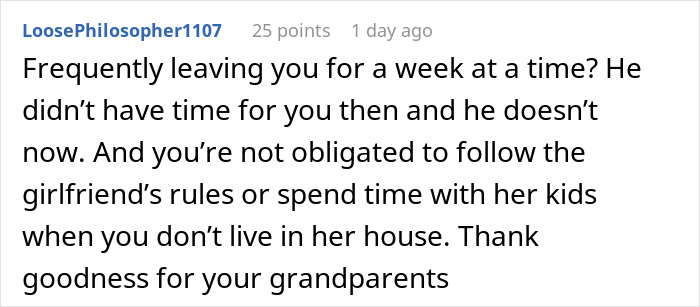 Screenshot of a Reddit comment discussing enforcing family rules on boyfriend&rsquo;s son who doesn&rsquo;t live with them.
