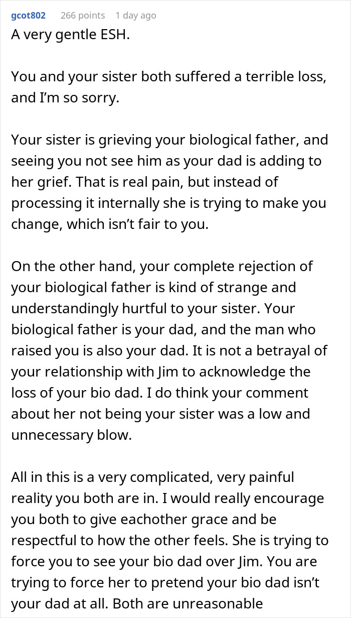 Reddit comment discussing sister's reaction and teen suggesting therapy after calling stepdad dad in family conflict. Reddit comment discussing sister's reaction and teen suggesting therapy after calling stepdad dad in family conflict.