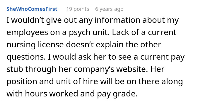 Alt text: User commenting on psychiatric nurse license and employment verification after secret is revealed by boyfriend.