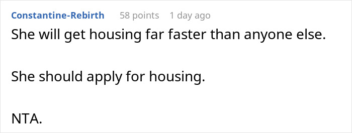 Comment discussing faster housing approval for a pregnant sister seeking help at a homeless shelter.
