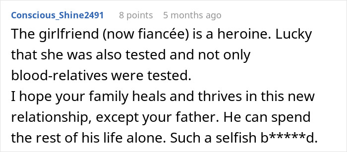 Reddit comment discussing a woman learning her father had a secret son for decades and its impact on the family.