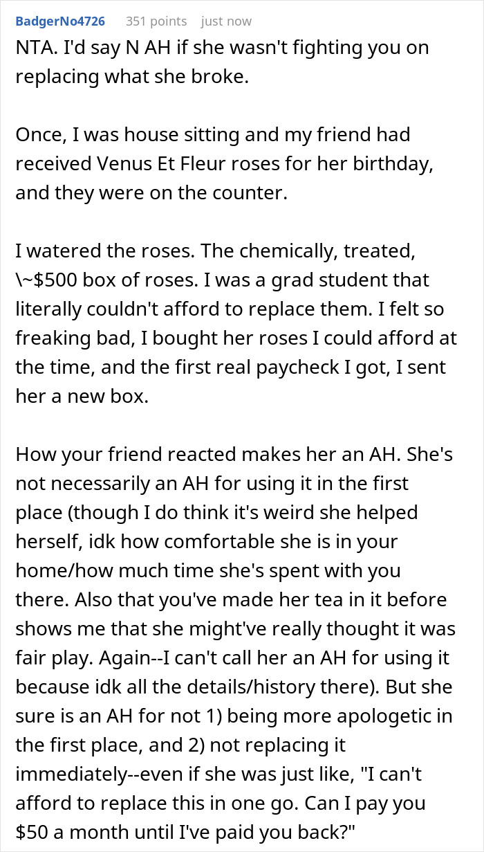 Screenshot of a forum post discussing a house-sitting friend who ruined a $500 Yixing teapot and refused to replace it. Screenshot of a forum post discussing a house-sitting friend who ruined a $500 Yixing teapot and refused to replace it.