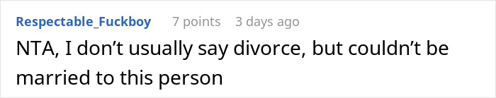 Reddit comment discussing a husband leaving wife after she reveals her outfit plans for brother’s wedding.