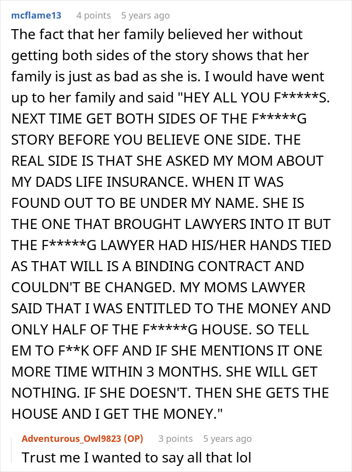 Comment discussing a family dispute involving inheritance, lawyers, and conflict over a late husband's estate and life insurance.