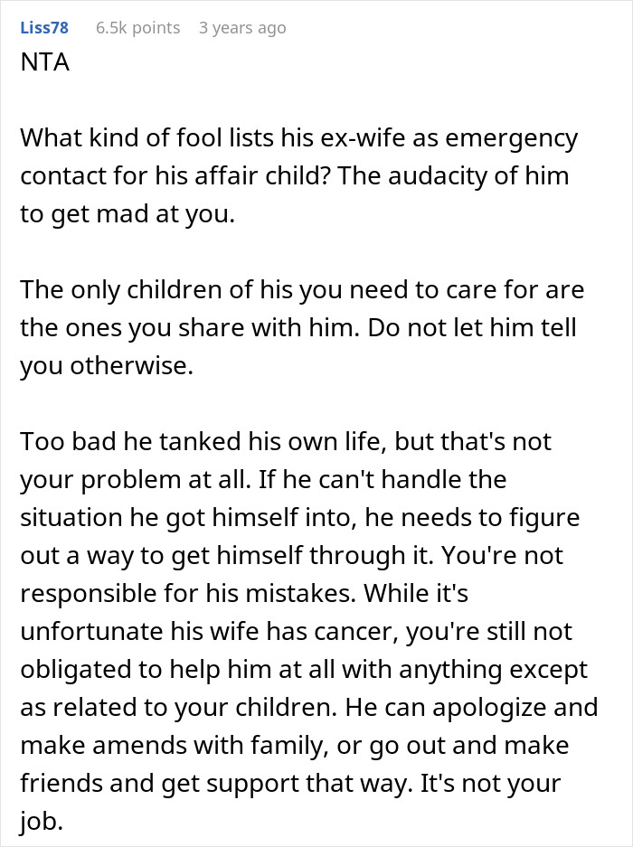 Comment discussing a cheating guy expecting his ex-wife to be limo driver for his new kid, receiving a reality check online.
