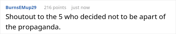 Comment expressing support for five people who chose not to join propaganda related to Team USA Men's Hockey controversy. Comment expressing support for five people who chose not to join propaganda related to Team USA Men's Hockey controversy.