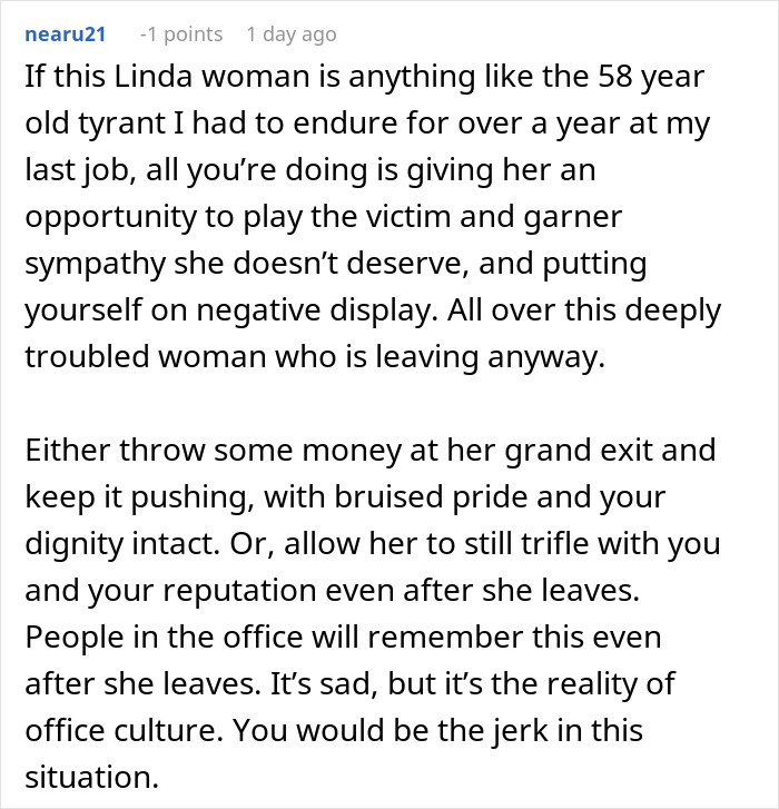 Alt text: Text comment discussing a woman refusing to contribute to a coworker's retirement gift after difficult work experiences.