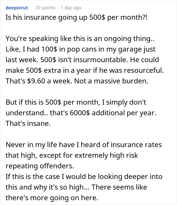 Screenshot of a comment discussing a man&rsquo;s $500 insurance hike and its impact on his fianc&eacute;e&rsquo;s breaking point.