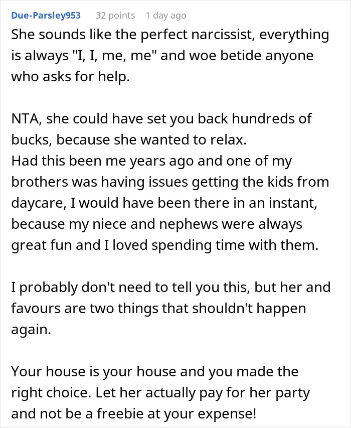 Screenshot of a Reddit comment discussing a woman who asks for favors from family but doesn&rsquo;t reciprocate when they need help.