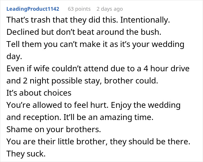 Comment about groom&rsquo;s brother bringing drama at wedding and throwing a baby shower on the same day causing family tension.