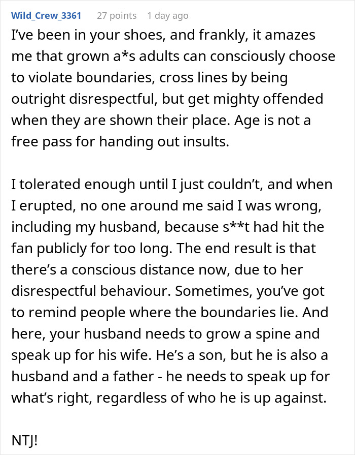 Reddit user shares experience of setting boundaries after MIL shamed her, highlighting disrespect and family dynamics.