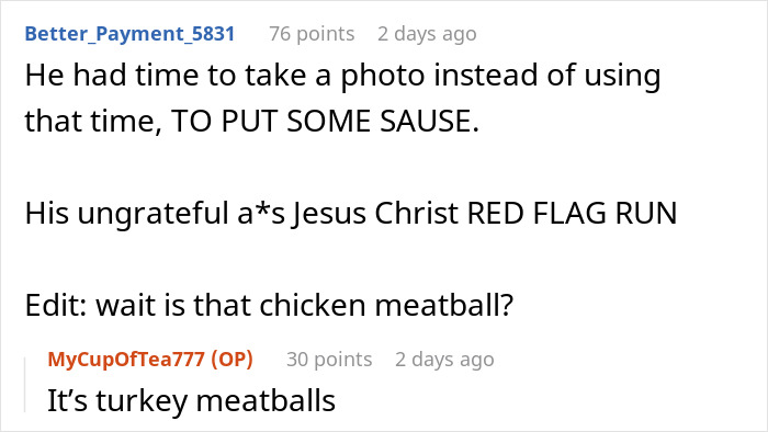 Reddit comments discussing a woman bringing leftovers to support her mourning boyfriend and criticism over the food quality.