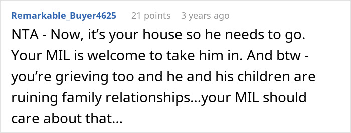 Comment about woman kicking late husband's brother and his kids out to protect her home and belongings.
