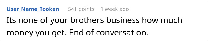 Screenshot of a comment stating it&rsquo;s none of a brother&rsquo;s business how much money he gets, referencing pay increases.