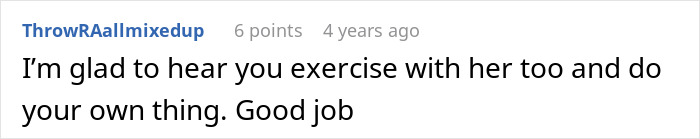 Comment text on a white background discussing exercise and personal boundaries in relationships, relating to weight gain acceptance.