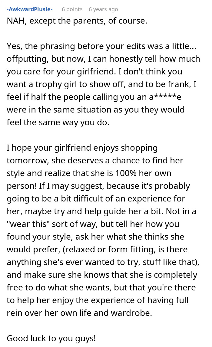 Screenshot of online comment discussing embarrassment and support related to girlfriend&rsquo;s style and childhood trauma.