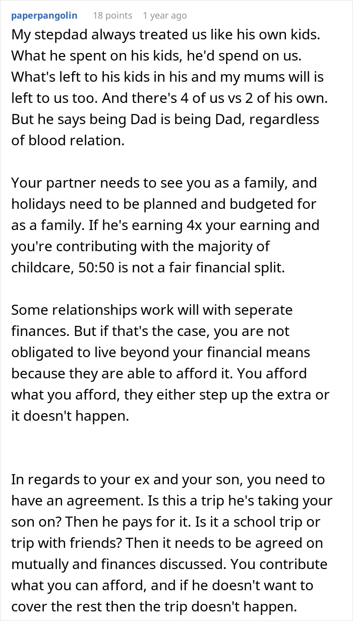 Comment discussing family finances and fair budgeting when a partner earns significantly more and leaves a child without a ski pass.