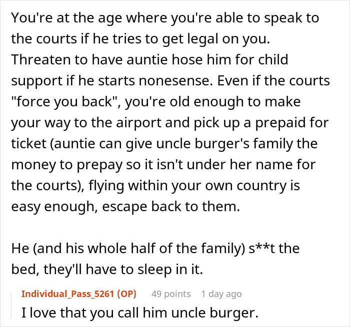 Text excerpt discussing legal options for a daughter after dad chose new family and now wants her back.