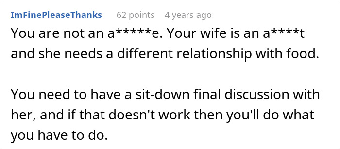 Comment about a husband struggling to accept his wife&rsquo;s weight gain and the need for a serious relationship discussion.