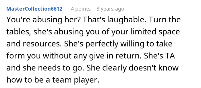 Screenshot of a comment discussing a woman refusing to house her sister due to babysitting and cleaning conflicts.