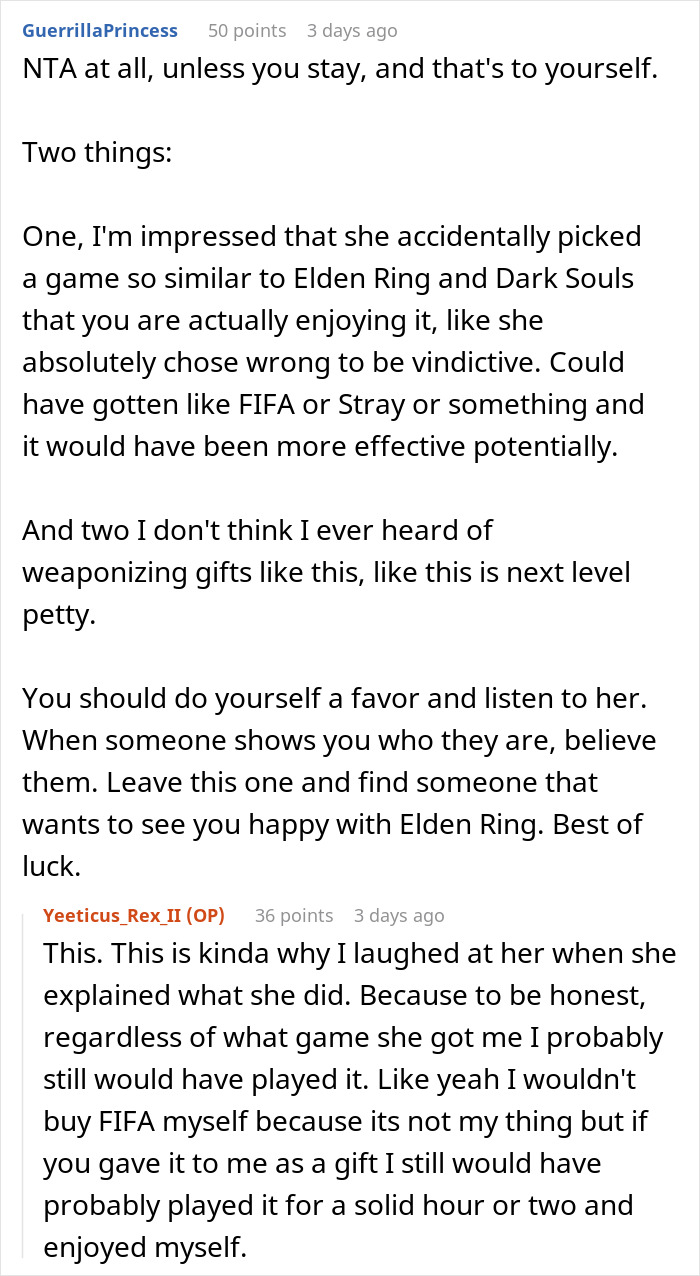 Text conversation showing a woman upset her boyfriend likes her gift, expecting him to dump her.