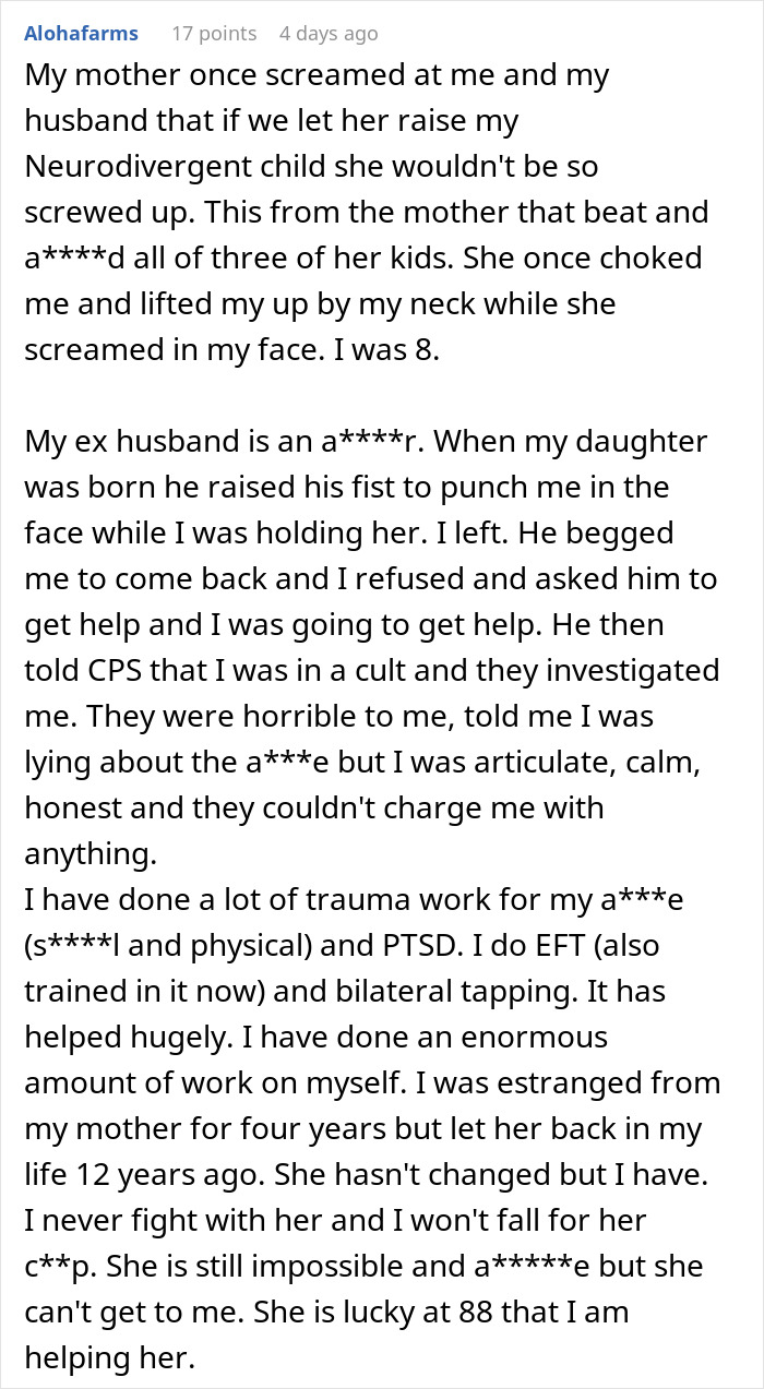 Text post describing traumatic experiences with mother and postpartum boundaries, detailing a***e and healing journey.