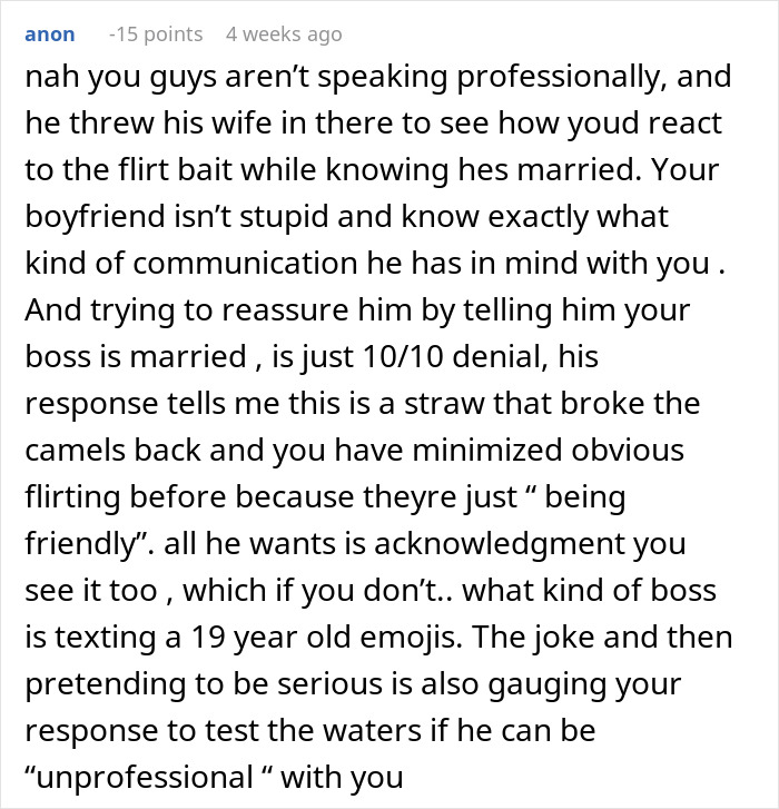 Comment discussing inappropriate conversations and unprofessional communication between woman and her boss, sparking boyfriend's reaction.