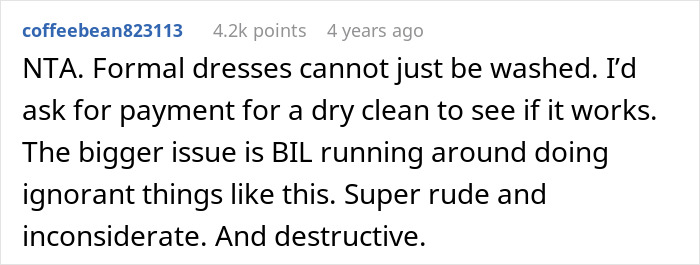 Text comment from a user discussing issues with BIL’s rude behavior and destructive pranks at a wedding event.