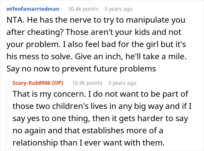 Reddit thread discussing cheating guy trying to manipulate ex-wife about new kid, getting a swift reality check.
