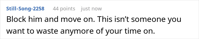 Screenshot of an online comment advising to block and move on from a situation involving a nervous guy bringing a bestie to chaperone his first date.