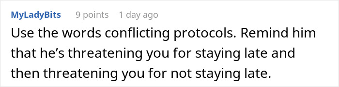 Comment discussing conflicting protocols about working overtime during a crisis and a manager's extreme reaction.
