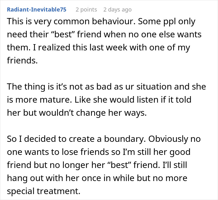 Comment discussing best friend backup plan hurt and setting boundaries to avoid emotional pain.