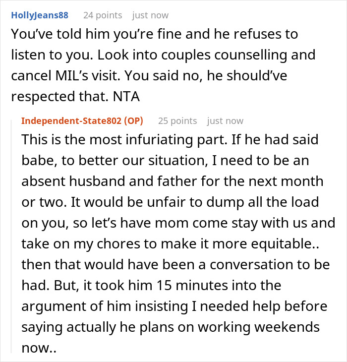 Online discussion showing a wife on strike as lazy hubby invites mom to help instead of pitching in with chores.