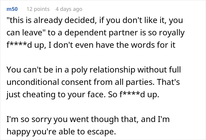 Alt text: Woman reflects on leaving a polyamory relationship after lack of consent and emotional struggle over three years.