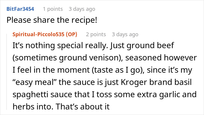 Reddit thread showing a woman pushing back when MIL claims she knows husband better, ending with a simple pasta question.