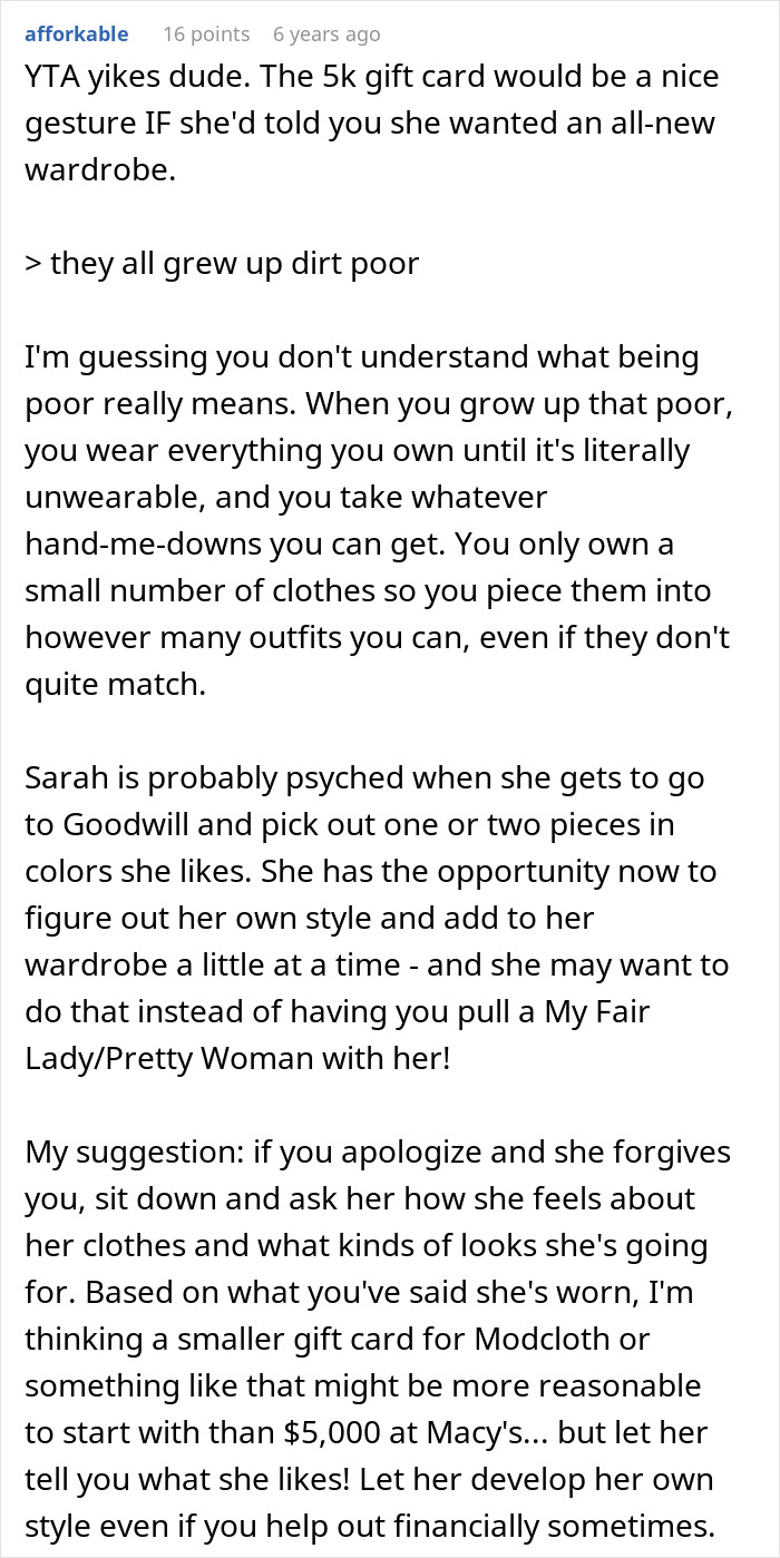 Comment discussing embarrassment over girlfriend&rsquo;s style and its link to childhood trauma and clothing struggles.