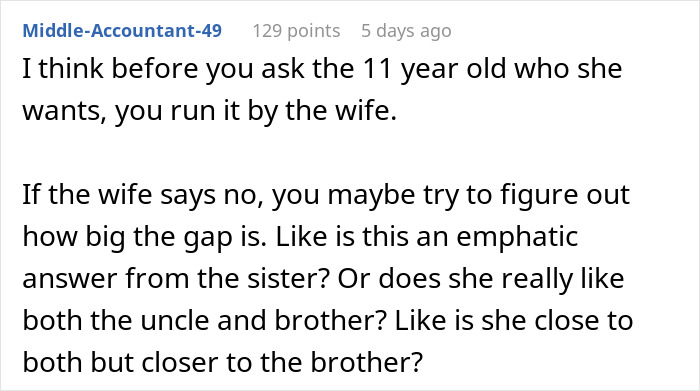 Comment discussing wife refusing to adopt underage sister and the relationships between family members involved.