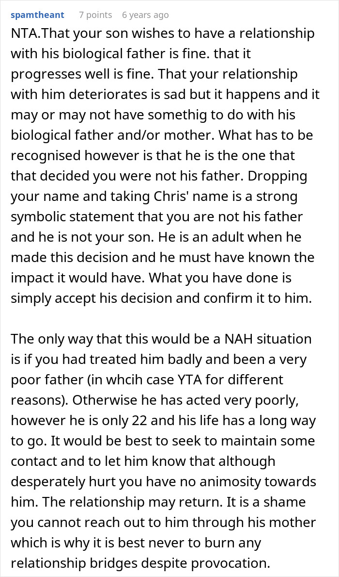 Comment discussing drama over last name and strained relationship as guy spends more time with biological dad and changes his name.