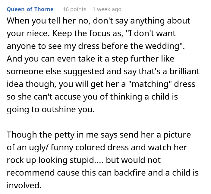 Comment discussing an attention-seeking mom wanting to dress her 3-year-old daughter in the same wedding dress as the bride.