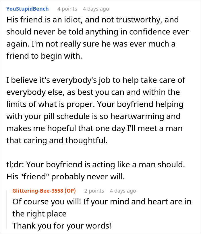 Comment discussing a boyfriend helping with pill schedule contrasted with bullying by a friend in a relationship. Comment discussing a boyfriend helping with pill schedule contrasted with bullying by a friend in a relationship.