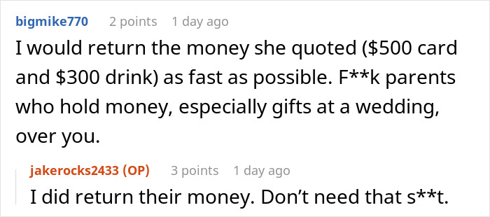 Reddit comments discussing a man upset as parents force him to have beer at his wedding and leave early due to music.