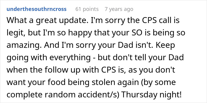 Text comment about CPS visit due to wife's step-mom stealing all their food like a Hamburglar.
