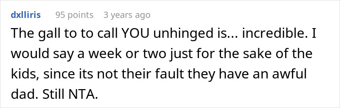 Reddit comment discussing woman kicking late husband's brother and his kids out over using his clothes and belongings.